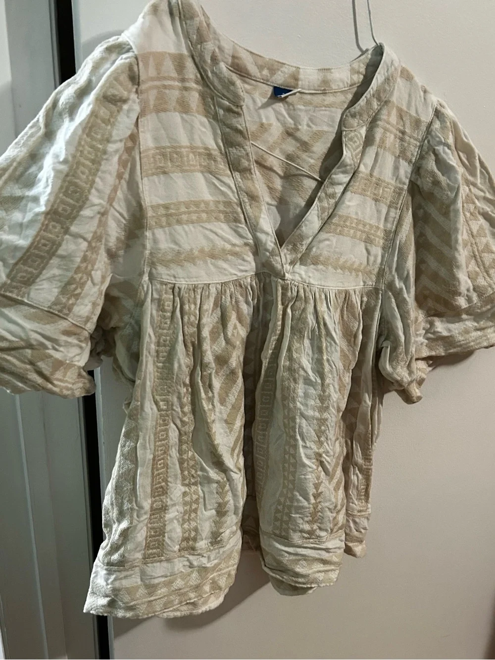 Old Navy Cream and Tan Striped Textured V-Neck Peasant Blouse